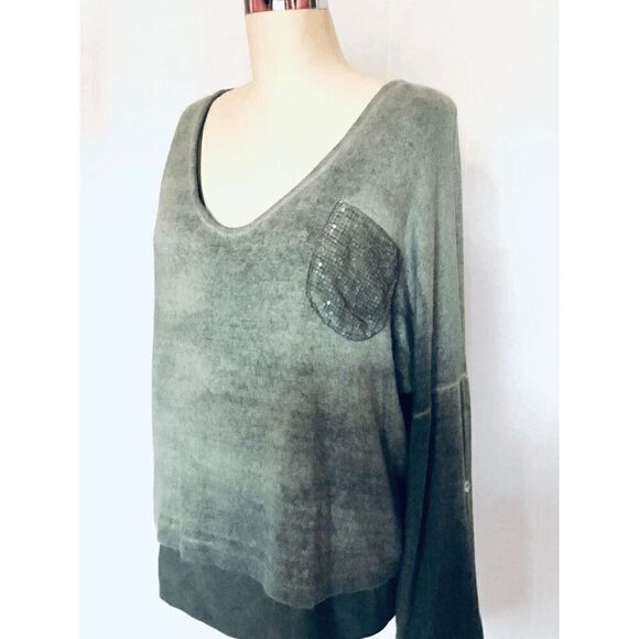 SCANDAL Italy Womens Large Plunge Neckline Sequined Green Garment Washed Sweater - Picture 4 of 6